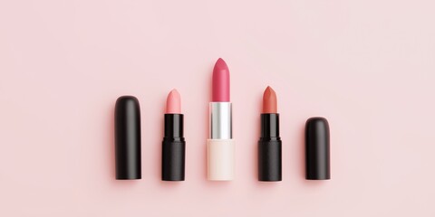 Different shades of lipstick lined up against a soft pink background for a beauty display in a cosmetics shop.