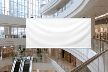 Fototapeta premium Blank white banner displayed in a modern shopping mall with natural light streaming through large windows and elegant architectural designs