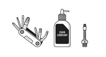 Fototapeta premium A minimalist vector icon set of essential bicycle maintenance tools, including a multi-tool, chain lubricant, and valve adapter for bike repair