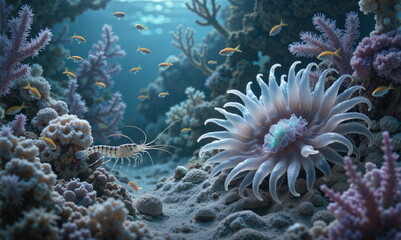 A painting depicting life underwater. Rich in plant and animal life. Beautiful light and great detail.