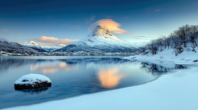 A tranquil winter scene unfolds with snow-covered mountains, a still lake reflecting the sky and peaks, and a village nestled in the valley.