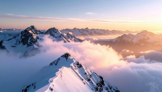 An aerial view of snow-covered mountain ranges at sunrise, with clouds swirling around the peaks and the sky illuminated by warm, golden light. - Powered by Adobe