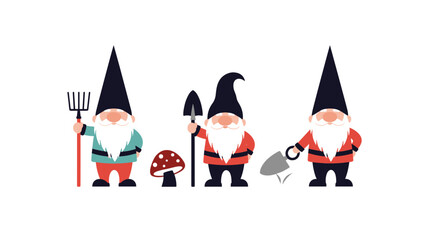 Three garden gnomes with hats, beards, and tools stand in a row with a mushroom.
