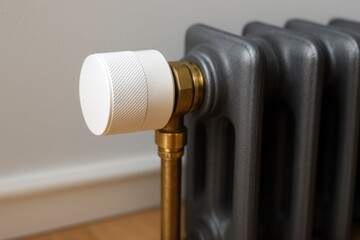 Close up of white smart radiator thermostat on grey metal heating unit.