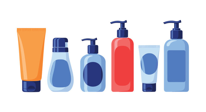 Collection of cosmetic bottles and tubes with pumps and caps on a white background.