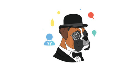 A distinguished boxer dog wears a top hat, monocle, and tuxedo, symbolizing intelligence and sophistication.