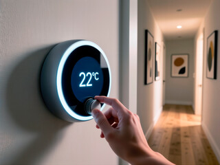 Hand adjusting a modern smart thermostat showing 22 degrees on a white wall.