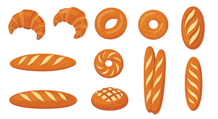 Collection of assorted baked goods including croissants, bagels, and various types of bread.