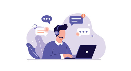 Customer service agent with headset working on laptop and receiving messages.