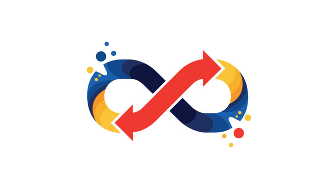 Infinity loop symbol with red arrows and abstract colorful elements, representing continuous process.