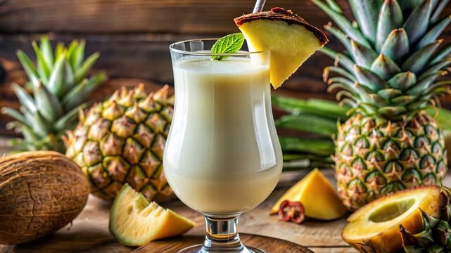 A refreshing Piña Colada cocktail with fresh pineapple and coconut. Tropical summer drink on a rustic wooden table. Vacation beverage concept - Powered by Adobe