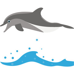 Gray Dolphin Leaping Over Blue Water Waves With Transparent Background Simple Vector Art Style