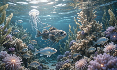 Obraz przedstawiający rzycie pod wodą. Bogata roślinność i świat zwierzęcy. Piękne światlo i dużo detalu.