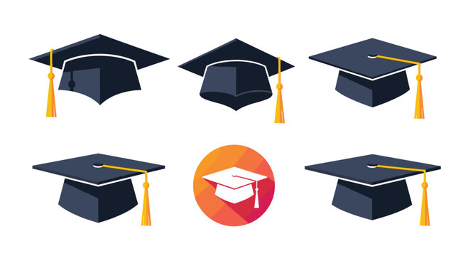 Collection of graduation caps in various perspectives and styles, symbolizing education and achievement.