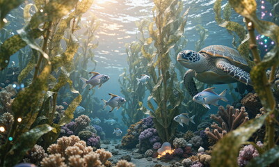 Obraz przedstawiający rzycie pod wodą. Bogata roślinność i świat zwierzęcy. Piękne światlo i dużo detalu.