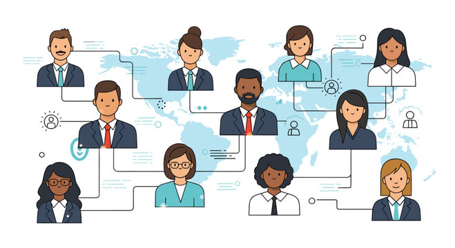 Diverse international team connected across a world map network. - Powered by Adobe