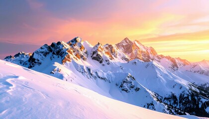 A panoramic view of jagged, snow-covered mountain peaks illuminated by the soft, colorful light of dawn or dusk.
