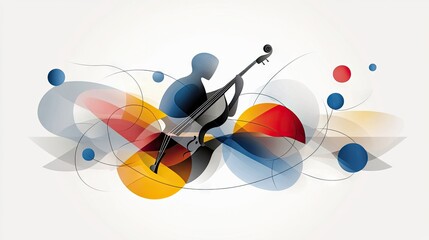 A stylized silhouette of a person playing a cello is depicted against a backdrop of abstract, overlapping colorful shapes and floating circles.