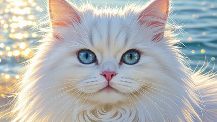 "Long-haired white cat with striking blue eyes and pink nose close up, sunlight sparkling on fur, with bokeh and water background