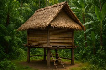 Authentic thatched hut nestled in lush green jungle, evoking serene rural getaway dreams, ideal for travel blogs and rustic eco-tourism promotions today