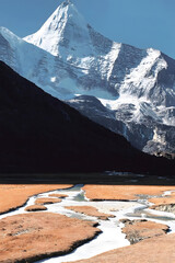 Snowcapped Alpine Peak with Winding Stream, Himalayan Mountains