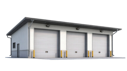 A modern white industrial building featuring three large closed roll up garage doors
