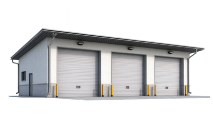 A modern white industrial building featuring three large closed roll up garage doors