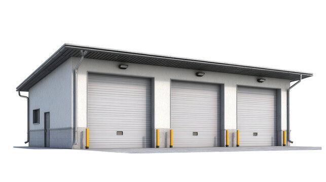 A modern white industrial building featuring three large closed roll up garage doors