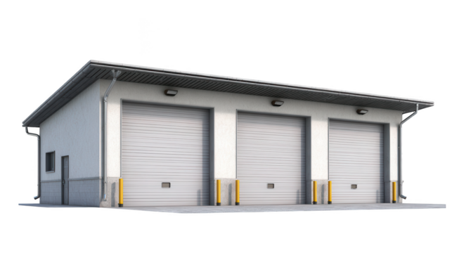 A modern white industrial building featuring three large closed roll up garage doors