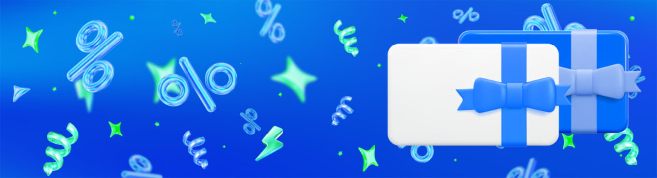 3d flying neon percent signs with gift card on holographic isolated background. Horizontal banner. Stock vector illustration.	