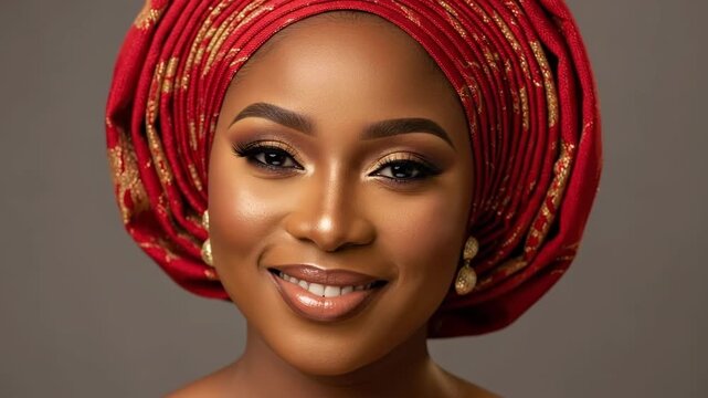 Elegant woman in colorful traditional headwrap smiling and expressing joy