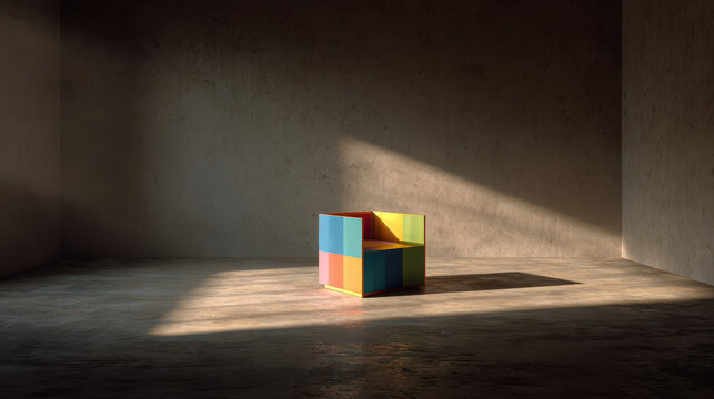 Colorful geometric chair in minimalist room with concrete wall and dramatic sunlight shadow