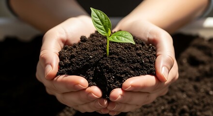 Tender hands gently cup fertile soil nurturing a vibrant green seedling, symbolizing the profound potential of new life, environmental stewardship, and sustainable growth for a greener future