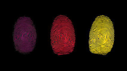 Three distinct fingerprints in vibrant colors of purple, red, and yellow display intricate patterns and textures against a dark background, highlighting individuality and identity