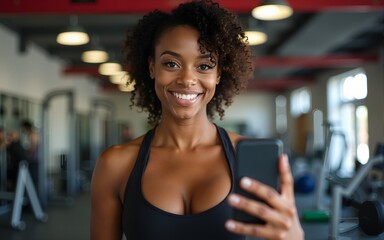 Fitness, woman and phone blog for live stream exercise at gym on platform or app. Influencer, training or health vlog with black person or coach talking to social media or virtual audience with light