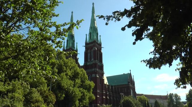The exquisite architecture of Finland. Red brick Gothic cathedral in the center of Helsinki.