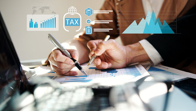 Business people organizing tax checklist through virtual interface. Tax planning services to maximize tax savings and optimize business finances - Powered by Adobe