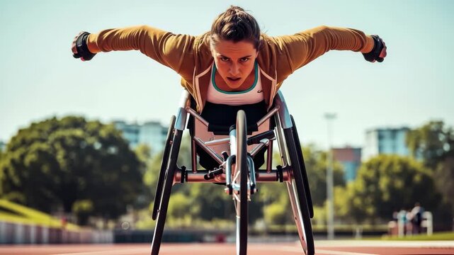 Determined wheelchair athlete sprints towards victory on a sunlit track, embodying resilience and speed. 4k high quality footage