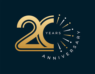 20 Years Anniversary with fireworks design vector illustration. Unique 20 years logo design template. In gold color.