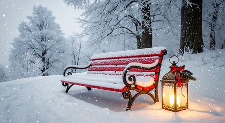 A red park bench covered in snow with a glowing lantern beside it in a winter forest setting