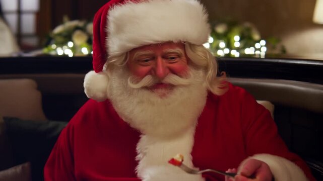 Santa Claus enjoying fine dining at a restaurant. Ideal for luxury restaurants, food delivery, and culinary excellence campaigns.