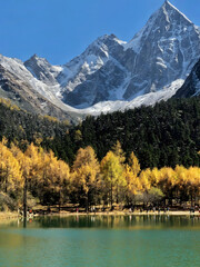 Majestic Snowcapped Peaks with Golden Autumn Forest and Turquoise Lake