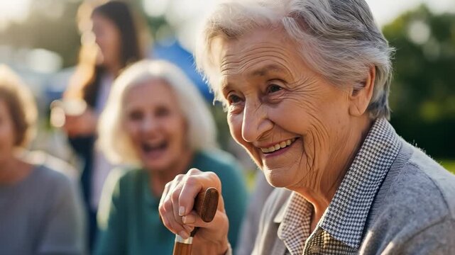 A Joyful Gathering of Elderly Women Engaging in Lively Conversation Outdoors with Warm Smiles at a Community Event