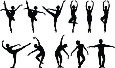 Ballet dancer silhouettes in elegant poses, professional dance movements, classical ballet art, graceful performance shapes, expressive choreography forms, black silhouette design