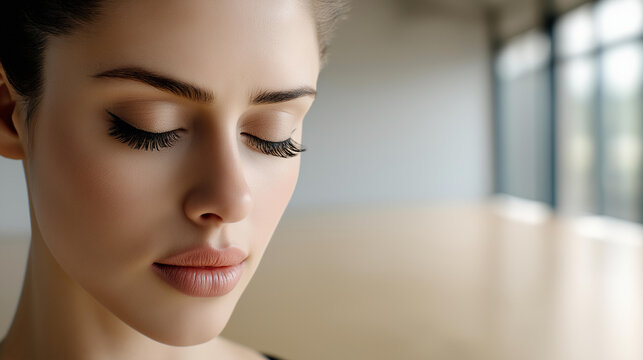 Extreme close-up: a person's eyes (40s), closed in meditation. Soft focus on a tranquil, minimalist meditation studio in the background. Calm, neutral tones, 8K, hyperreal.