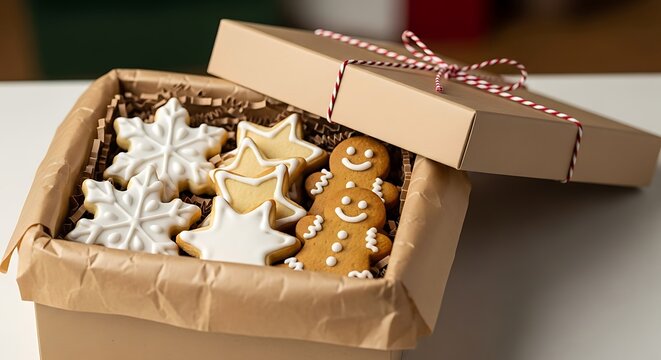 Festive christmas cookies in a gift box with ribbon gingerbread man and snowflake shapes - Powered by Adobe