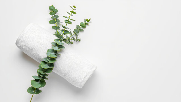 A rolled white towel rests on a clean surface, adorned with fresh eucalyptus leaves. This setup creates a soothing atmosphere ideal for relaxation and wellness