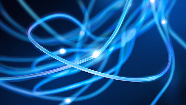 Bright strands of blue light swirl and intertwine in a captivating arrangement, showcasing their fluid motion against a dark backdrop. The design evokes a sense of energy and creativity