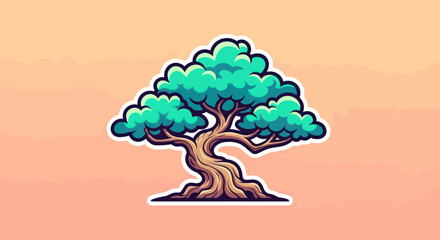 Vibrant Cartoon Bonsai Tree Sticker Illustration with Green Foliage and Twisted Trunk.
