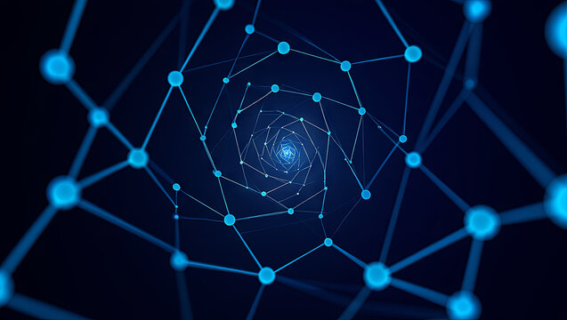 A swirling pattern of blue nodes and lines creates a digital spiral effect, symbolizing technology and connection. The intricate design suggests depth and complexity within a virtual space